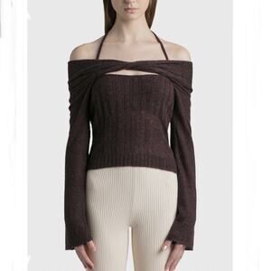 Jonathan Simkhai NWT Women Off The Shoulder Ribbed Twisted Sweater Top Brown XS